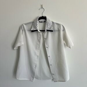 Savvy Ivory Blouse with Dark Blue Polka Dot Collar